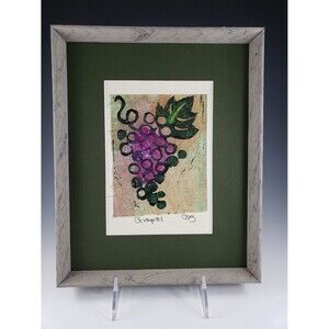 Signed Original Art Grapes Framed Mixed Media Block Print Salmonberry Studio